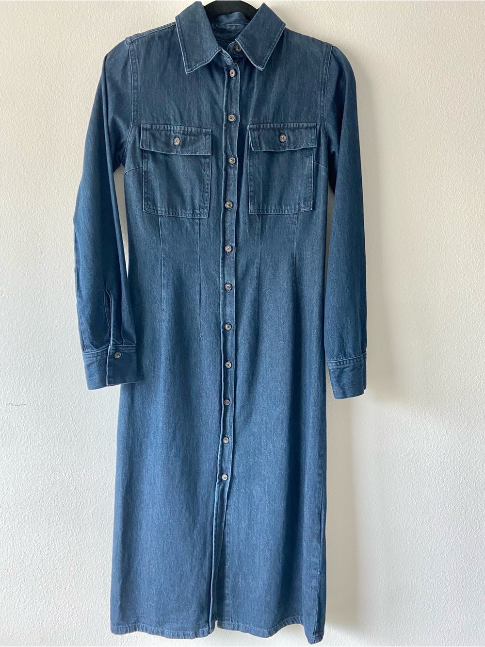 ZARA Denim Shirt Dress Button Front Long Sleeve Midi Blue Size M